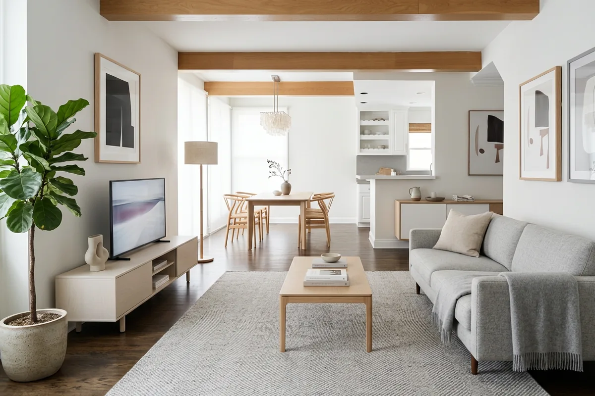 The same room after an AI redesign, restyled with new furniture while keeping the original walls, window, and layout