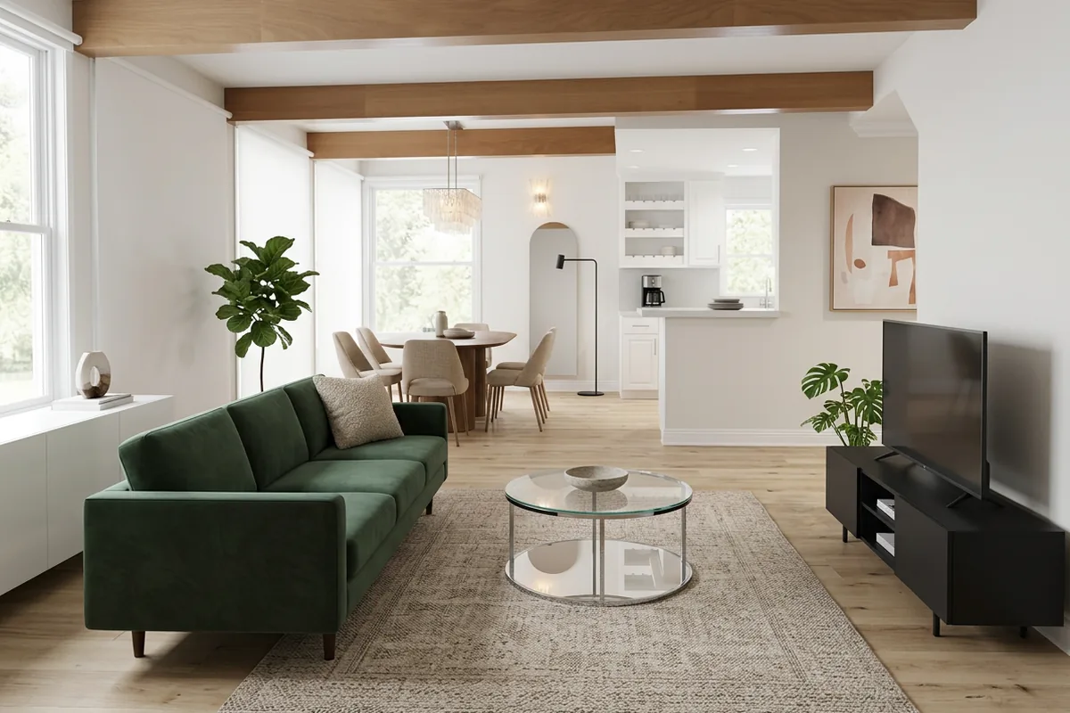 A second example of a room redesigned by AI, styled in warm neutral tones