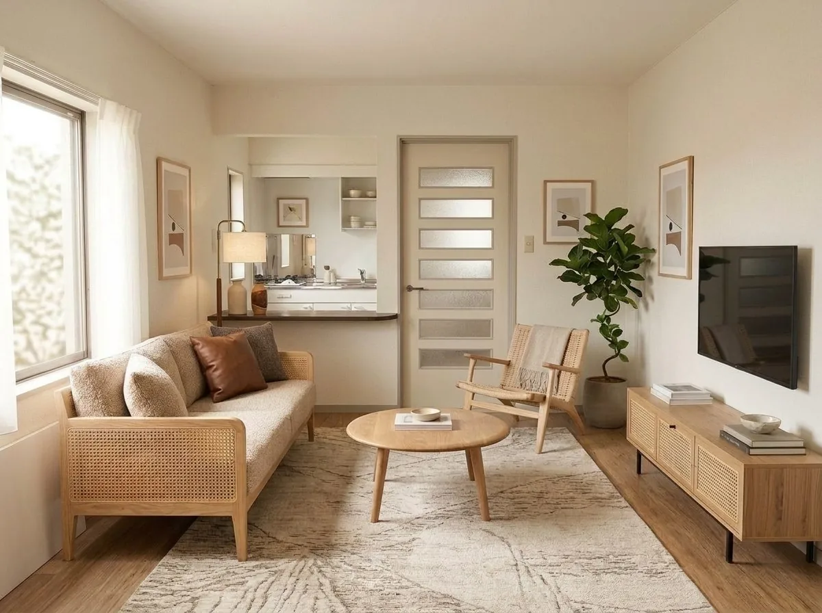 The same room after an AI redesign, furniture arranged with comfortable walkways and a properly sized rug