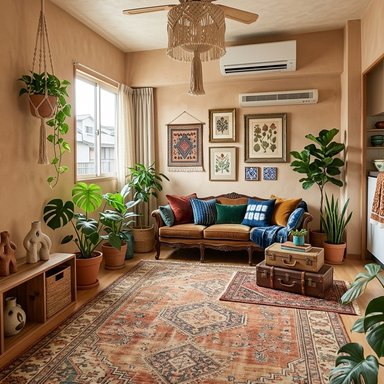Boho interior style example: layered kilim rugs, rattan and macrame, plants, and jewel-tone accents