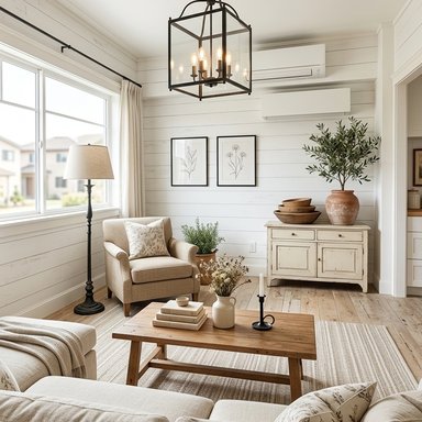 Farmhouse interior style example: white shiplap-look walls, rustic warm wood, and black metal accents