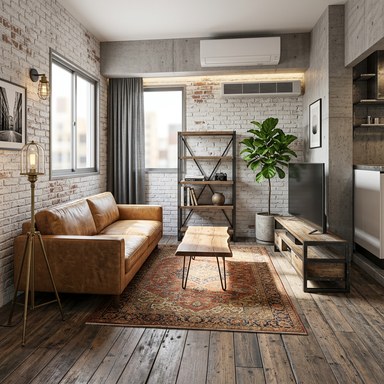 Industrial interior style example: exposed brick, metal accents, and raw, warehouse-inspired materials