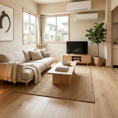 Japandi interior style example: low furniture, muted tones, and Japanese-modern calm