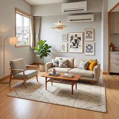 Scandinavian interior style example: light wood, soft textiles, and bright, airy space