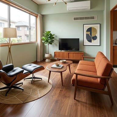 Vintage interior style example: mid-century pieces, warm colors, and retro character